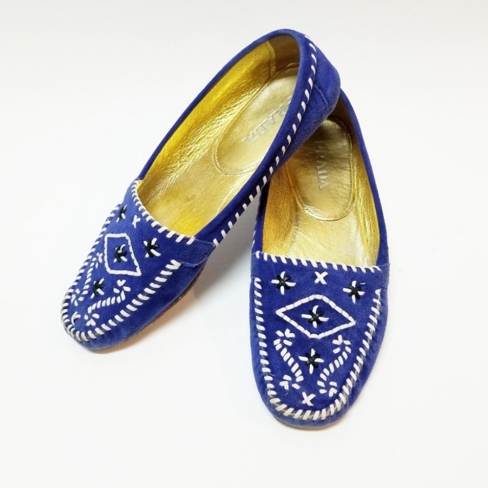 PRADA Flat Embroidered Suede Moccasin Slippers in Bluette Gold White 5